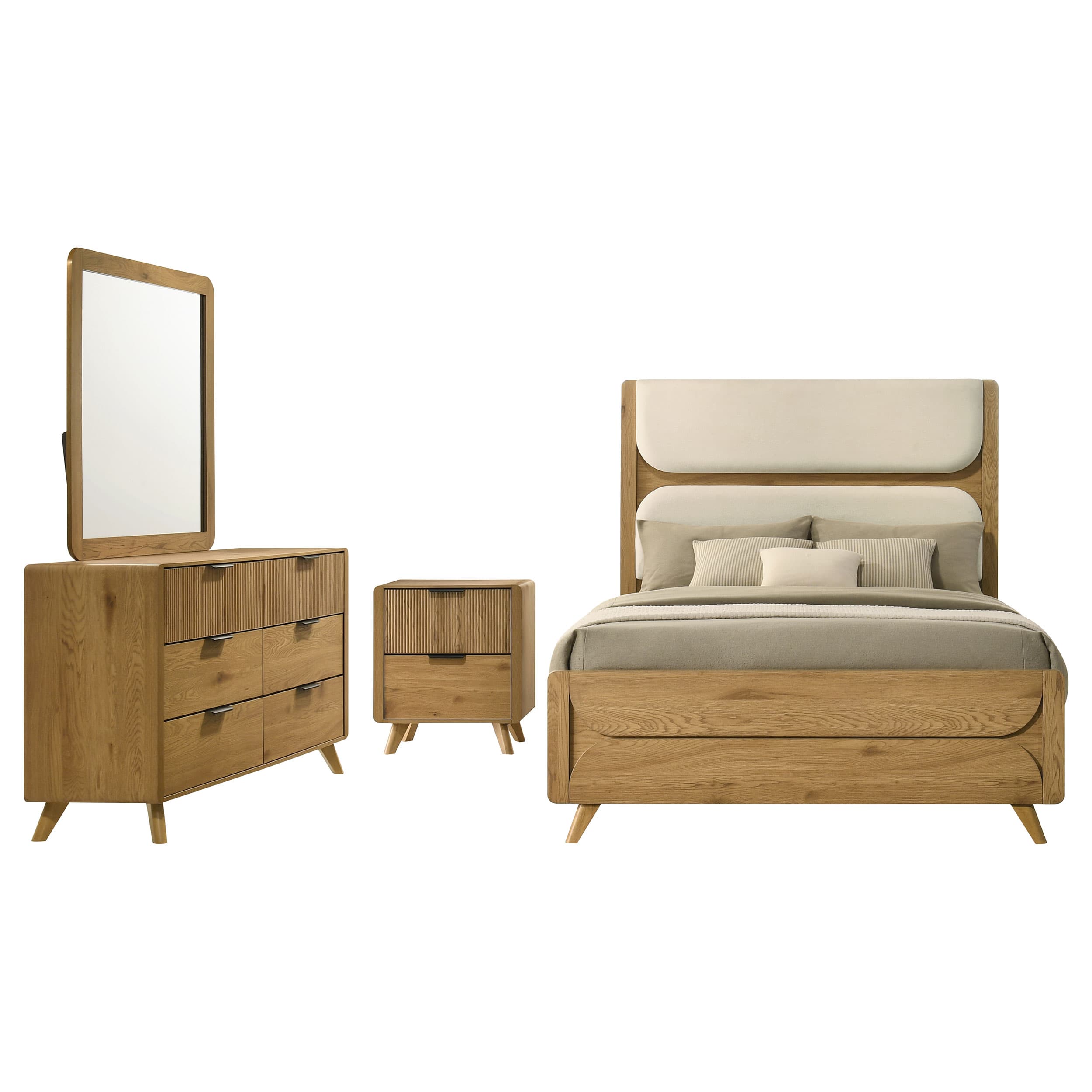Bennett Queen Upholstered 4-Piece Mid-Century Bedroom Set Light Oak - Image 1