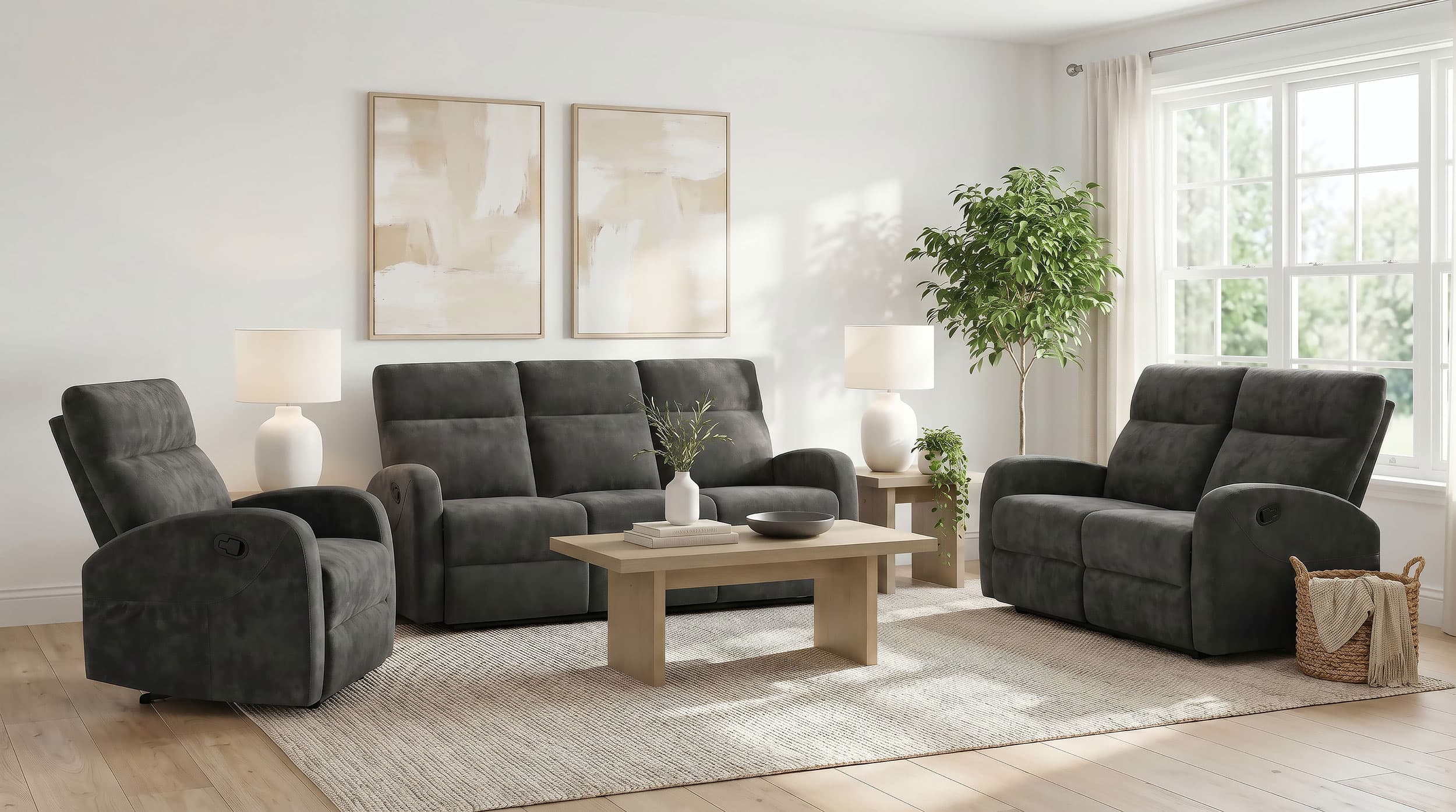 Hamilton 3-piece Chenille Manual Reclining Sofa Set Charcoal Grey - Image 1