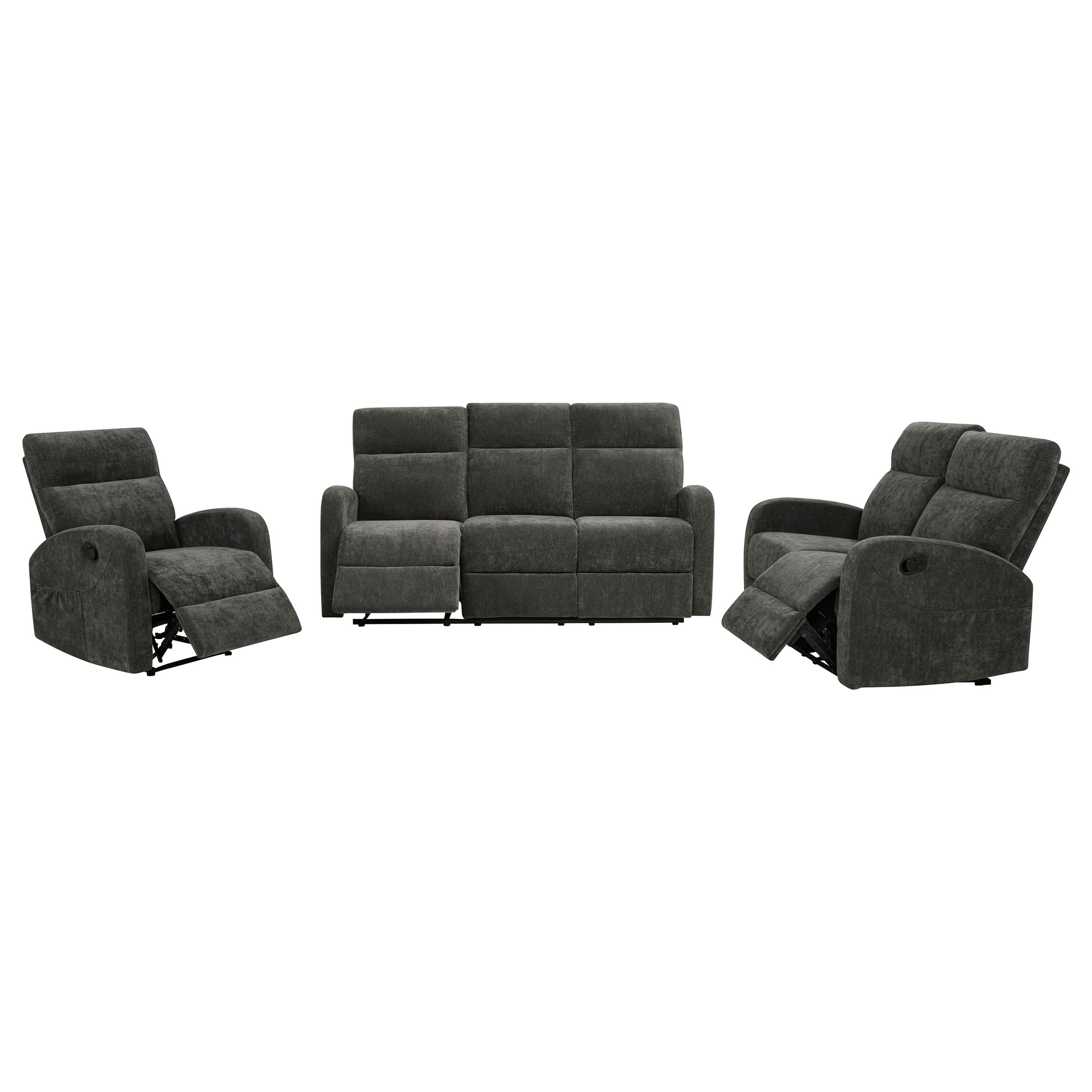 Hamilton 3-piece Chenille Manual Reclining Sofa Set Charcoal Grey - Image 3