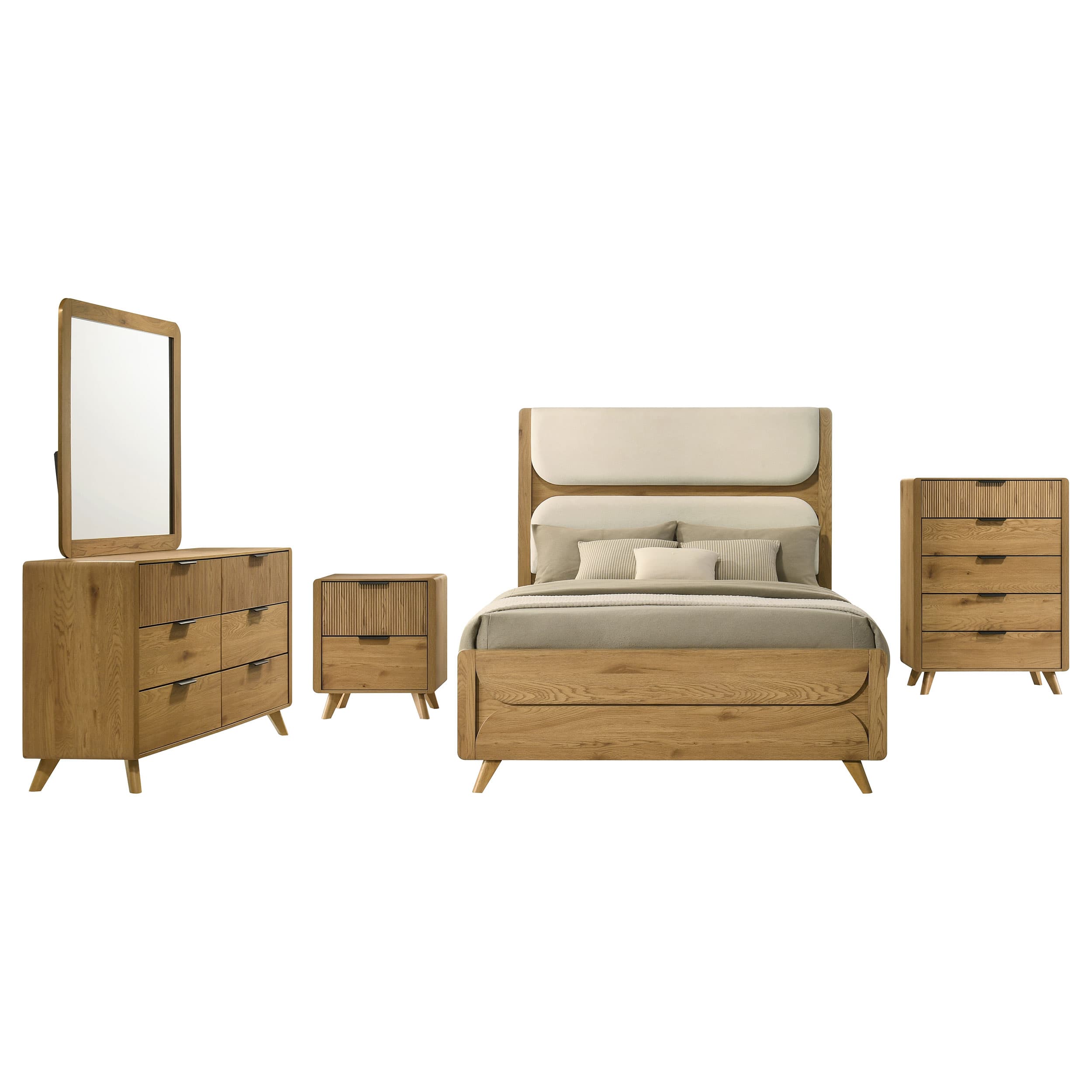 Bennett Queen Upholstered 5-Piece Mid-Century Bedroom Set Light Oak - Image 1